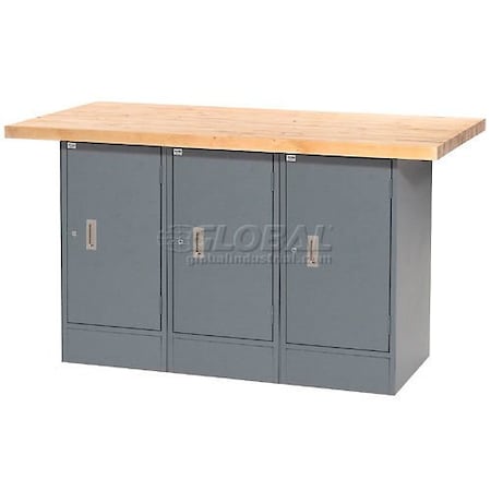 Global Industrial Workbench w/ Maple Square Edge Top & 3 Cabinets, 60inW x 30inD, Gray 239154